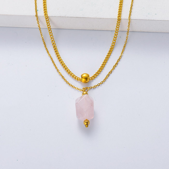 Wholesale PVD 18K Gold Plated Jewelry Natural Stone Pink Quartz Pendant  Layered Chain Necklace