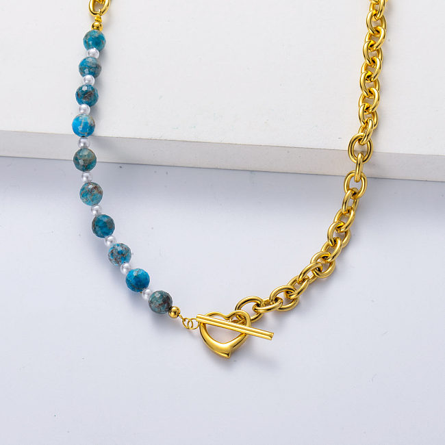 Asymmetric 316L stainless steel gold plated thick chain with blue carbon necklace