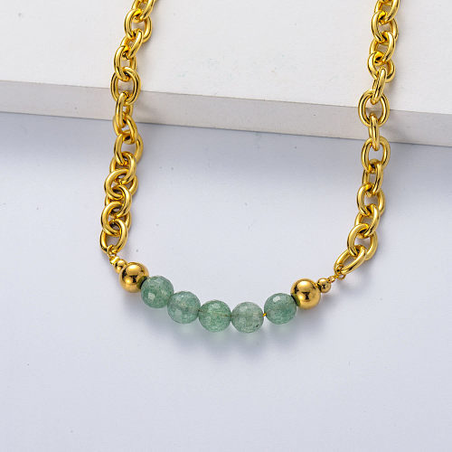 stainless steel gold plated thick chain with green carbon necklace