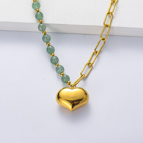 Cadena gruesa asimétrica de acero inoxidable 316L chapada en oro con collar de corazón de carbono verde