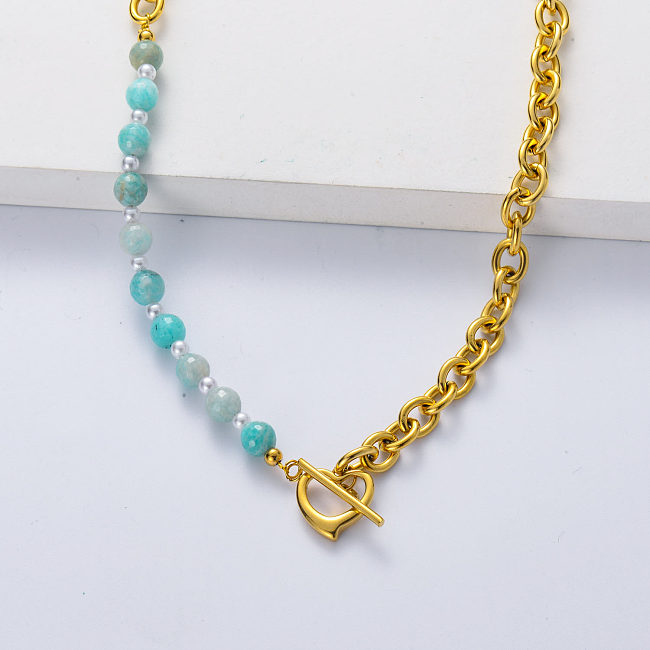 Asymmetric 316L stainless steel gold plated thick chain with amazonite necklace