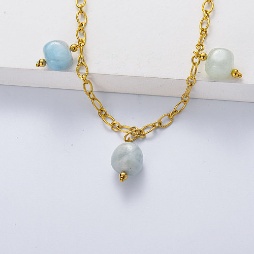 316L stainless steel gold plated thick chain with aquamarine  necklace
