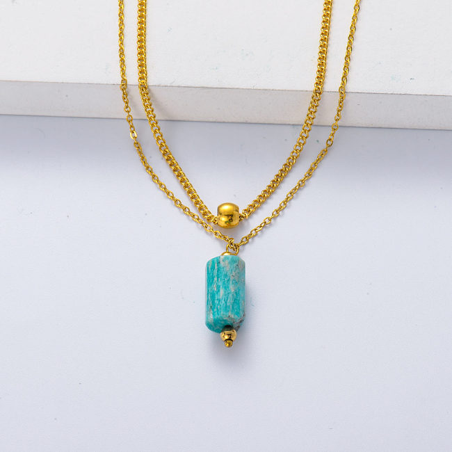 New 2022 trendy natural stone polygon amazonite necklace gold plated layered chain jewelry