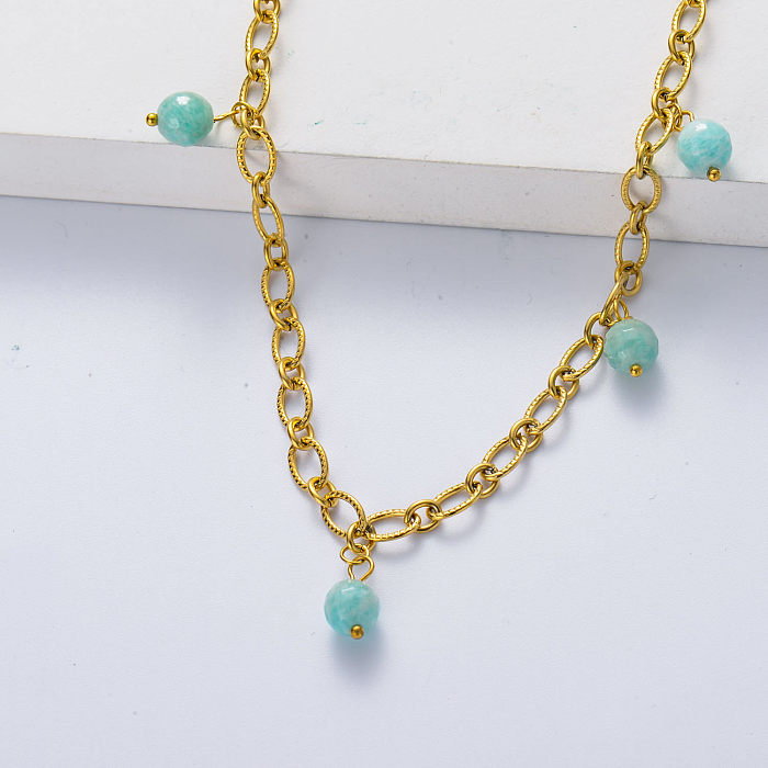 Asymmetric stainless steel gold plated thick chain with light blue amazonite necklace