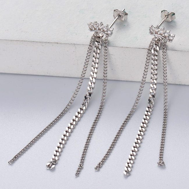 Brincos de borla de prata esterlina 925 pendentes de corrente longa para mulheres