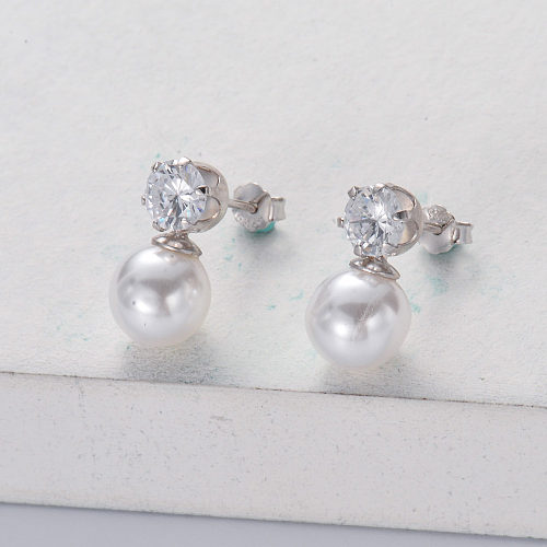 Minimalist Pearl Earrings Stud Shiny Cubic Zirconia Earrings for Women