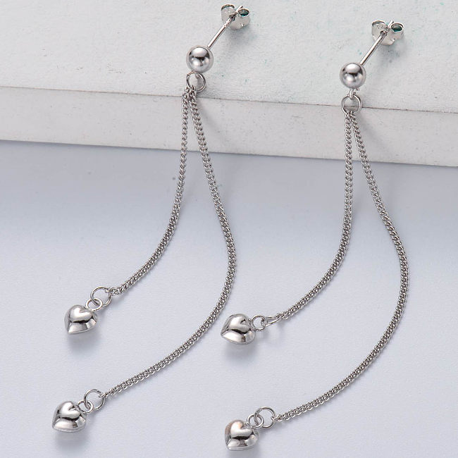 Boucles d'oreilles coeur en argent sterling 925 boucles d'oreilles femme longue chaîne