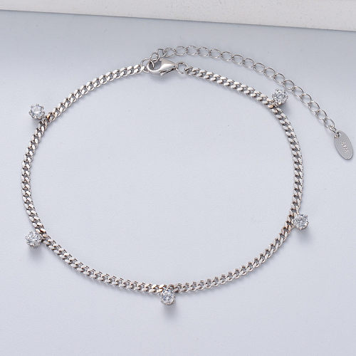 Pure 925 Silver Chain Bracelet Adjustable Cuban Women Cubic Zirconia Bracelet