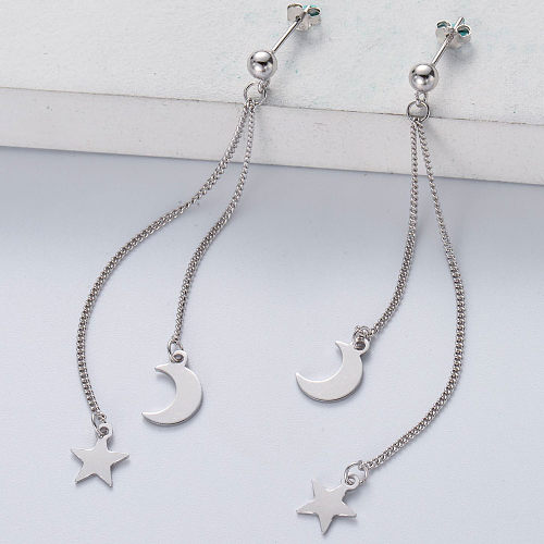 925 Sterling silver Long Earrings Star Moon Long Chain  Earrings