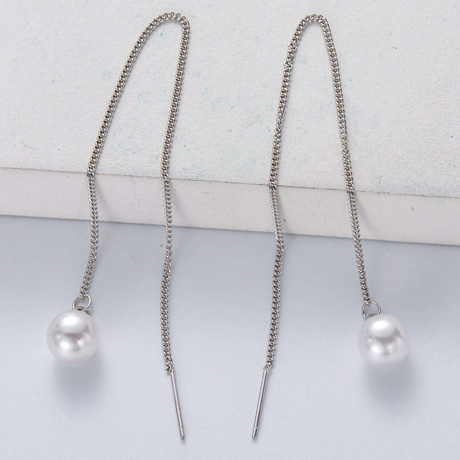 Mode 925 bijoux en argent sterling perle boucles d'oreilles longue chaîne ligne d'oreille pour les femmes