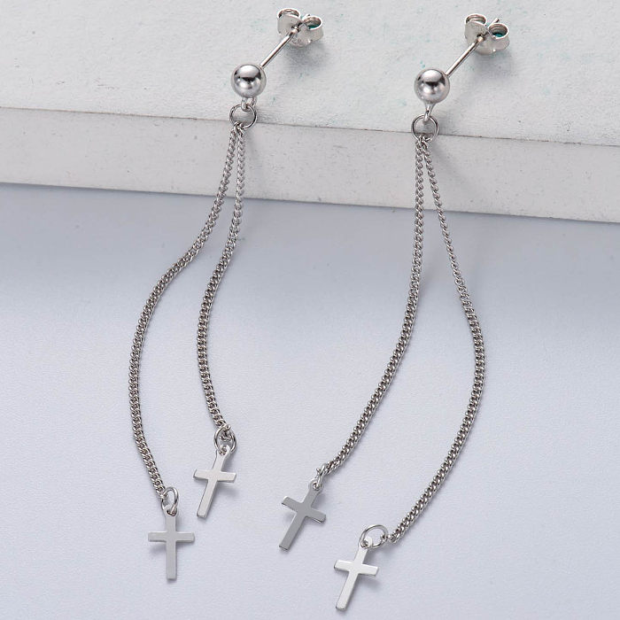 Hot selling high quality 925 Sterling Silver cross silver long chain earrings