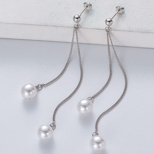 Pendientes de perlas de plata de ley 925, pendientes de borla de cadena larga a la moda personalizados, joyería para mujer al por mayor
