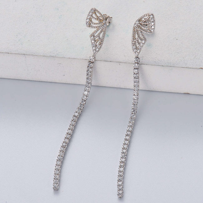 Pendiente de mariposa de gota larga de Zirconia cúbica de joyería de plata de ley 925 de moda para mujer