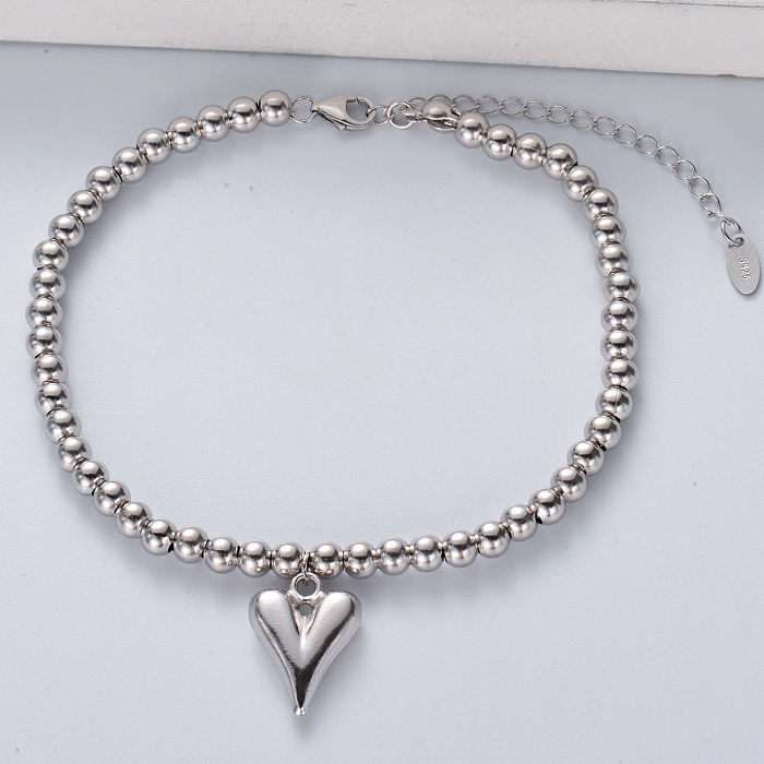 Hot Selling Solid Heart Charm Dangle Jewelry 925 Sterling Silver Beads Chain Bracelets