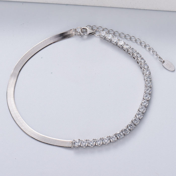 New Tennis Iced Out Rhodium Plated Cubic Zirconia 925 Sterling Silver Snake Chain Bracelet