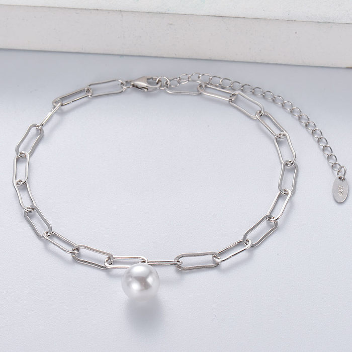 Pulseras de cadena de eslabones de amistad, venta al por mayor, pulsera de perlas personalizada de plata de ley 925 para mujer