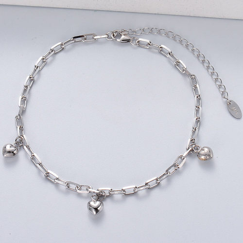Minimalist Jewelry S925 Sterling Silver Women Heart Charm Chain Bracelet
