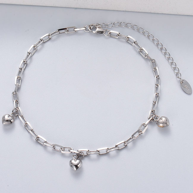 Bijoux minimalistes S925 Sterling Silver Women Heart Charm Chain Bracelet