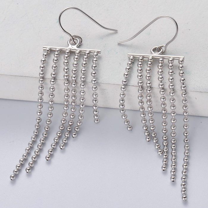 Luxury 925 Sterling Silver Jewelry Rhodium Plated Long Ball Tassel Earrings