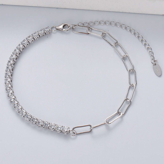 Moda prata esterlina 925 pulseira ajustável de corrente de elo de joias pulseira de tênis de zircão