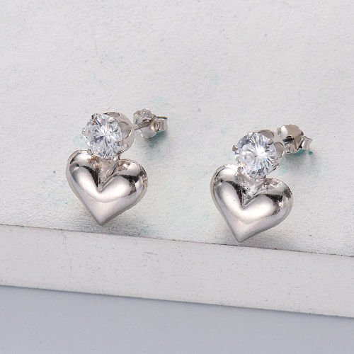 Brincos de coração de prata esterlina 925 com zircônia cúbica para mulheres