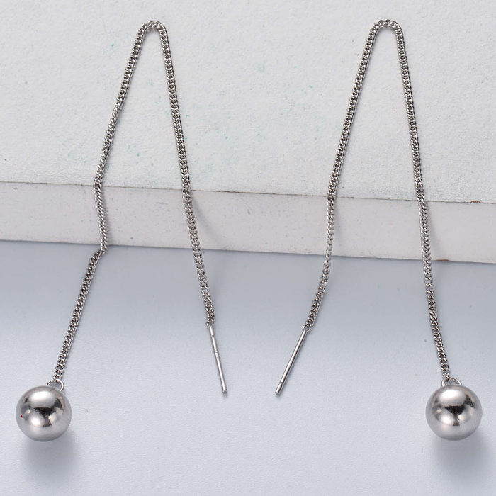 Brincos compridos em prata esterlina 925 bijuterias simples em forma de bola brincos de corrente de arame