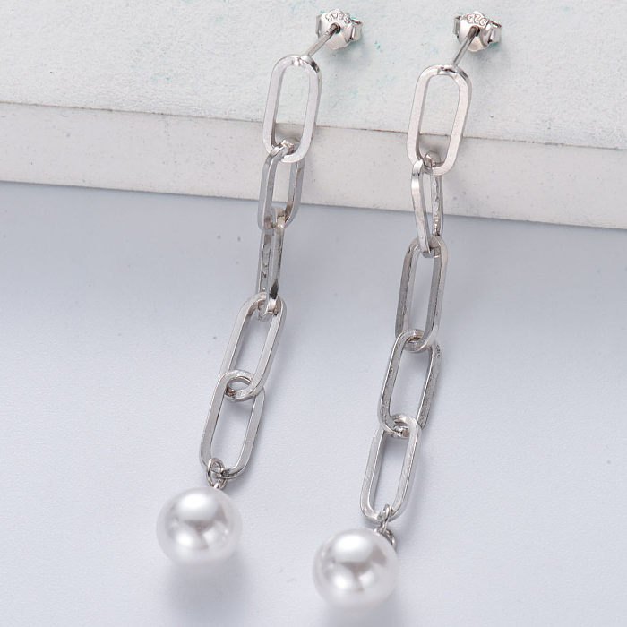 Joyería al por mayor, pendientes de perlas para mujer, cadena de eslabones de zirconia cúbica de plata 925 delicada, pendiente de tuerca largo