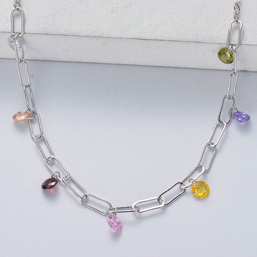 colar de prata esterlina 925 com pingente multicolorido para menina