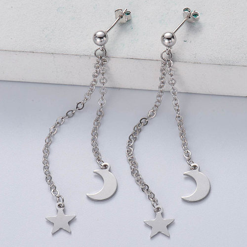 Boucles d'oreilles longues en argent sterling 925 Bijoux fins Boucles d'oreilles étoile lune