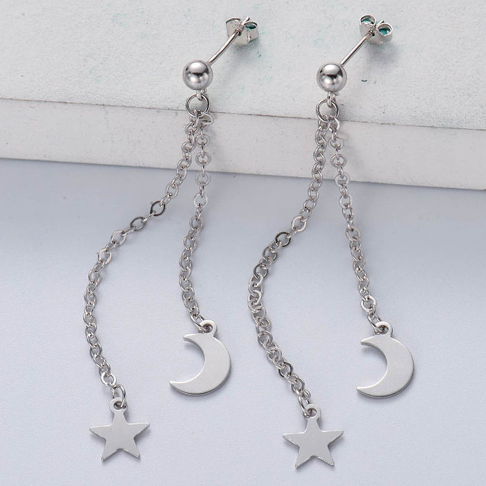 925 Sterling silver Long Earrings Fine Jewelry Star Moon Earrings
