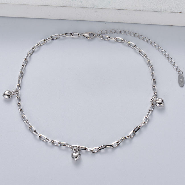 Bracelet à breloques en forme de cœur en argent sterling 925 avec trombone et chaîne pour femme