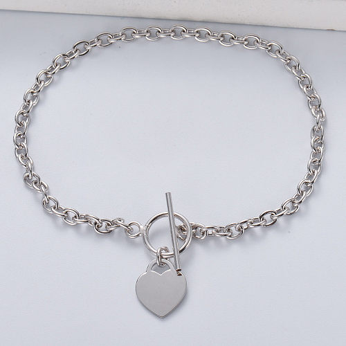 Oval Link Chain Bracelet Heart Lock Charm 925 Sterling Silver Bracelet