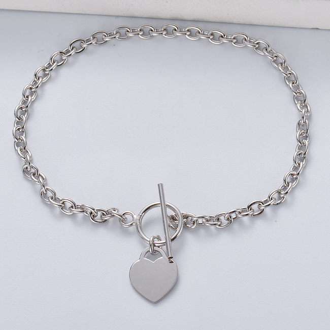 Bracelet chaîne à maillons ovales Bracelet en argent sterling 925 avec breloque coeur