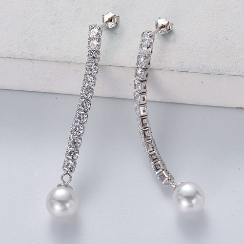 Stylish ladies jewelry zirconia long drop pearl earrings cubic zirconia 925 silver earring