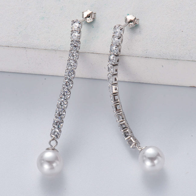 Elegante joyería para damas zirconia pendientes de perlas de gota larga zirconia cúbica 925 pendiente de plata