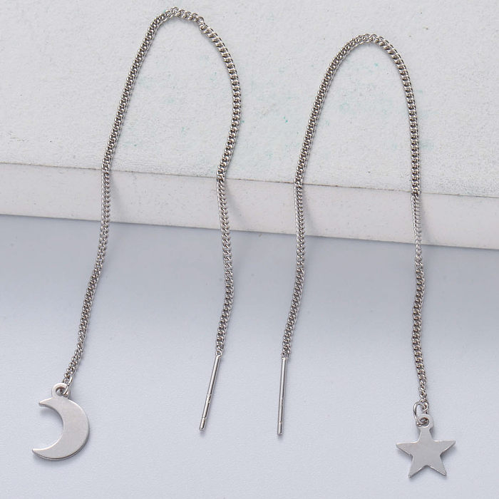 أقراط طويلة من الفضة الإسترليني عيار 925 أقراط طويلة على شكل خط الأذن  مجوهرات فاخرة على شكل نجمة القمر أقراط على شكل سلسلة سلكية - Jewenoir