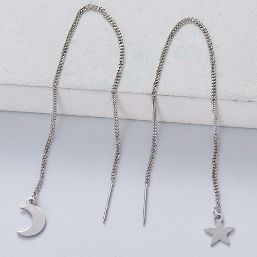 Pendientes largos de línea de oreja de plata de ley 925, joyería fina, pendientes de cadena de alambre de oreja de luna y estrella