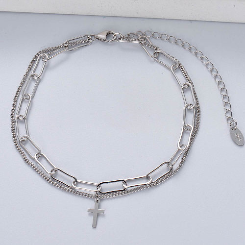 cadena en capas de plata 925 con pulsera colgante de cruz