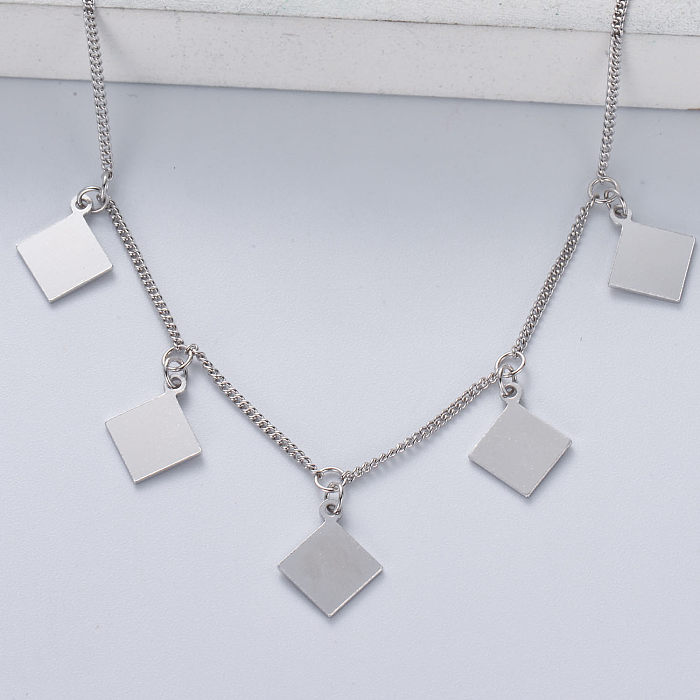 colar de pingente quadrado de prata 925 na moda minimalista com cor natural