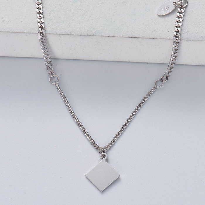asymmetric 925 silver with natural color square pendant necklace