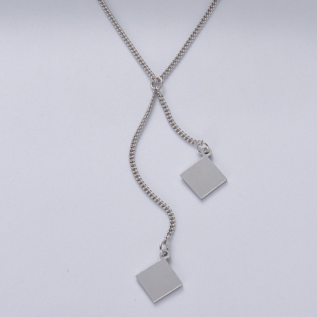 colar assimétrico em prata 925 com pingente quadrado duplo de cor natural