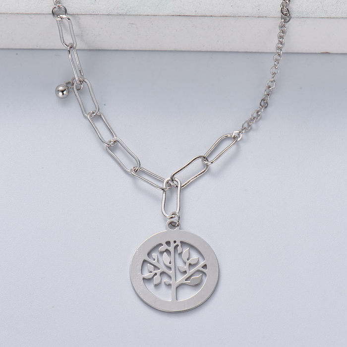 collier pendentif arbre de vie asymétrique tendance en argent 925 avec couleur naturelle