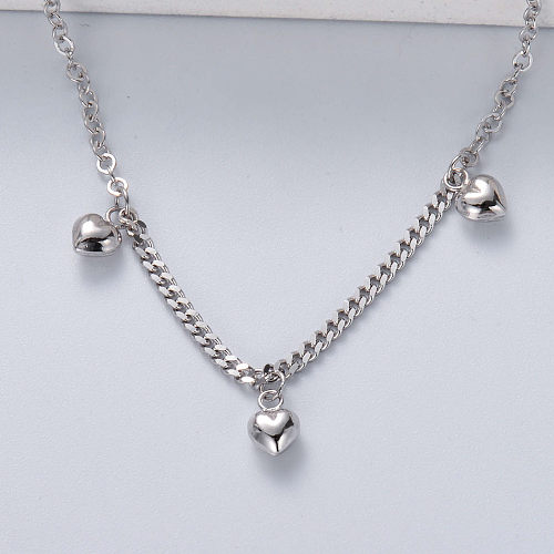 colar de pingente de coração triplo em prata minimalista na moda com cor natural