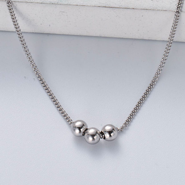 colar feminino minimalista em prata 925 com pingente de bola tripla cor natural