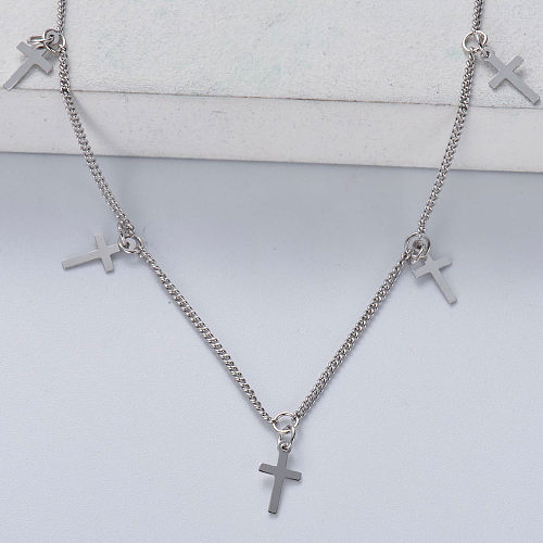 minimalistisch trendiges 925er Silber mit naturfarbener Halskette mit fünf Kreuzanhängern