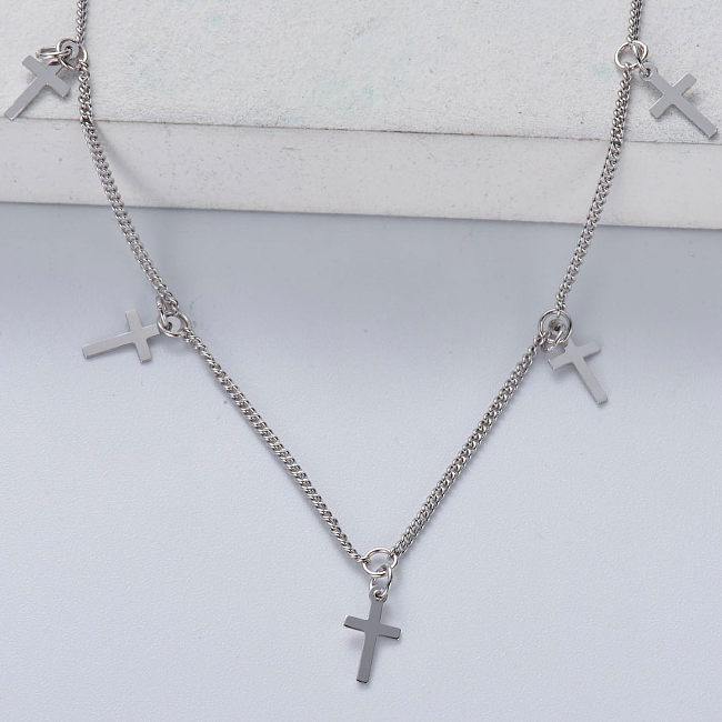 minimalistisch trendiges 925er Silber mit naturfarbener Halskette mit fünf Kreuzanhängern