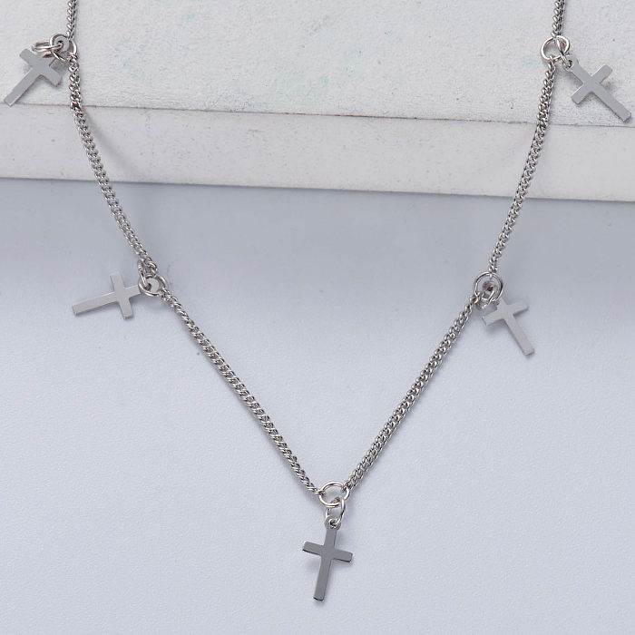 minimalist trendy 925 silver with natural color five cross pendant necklace