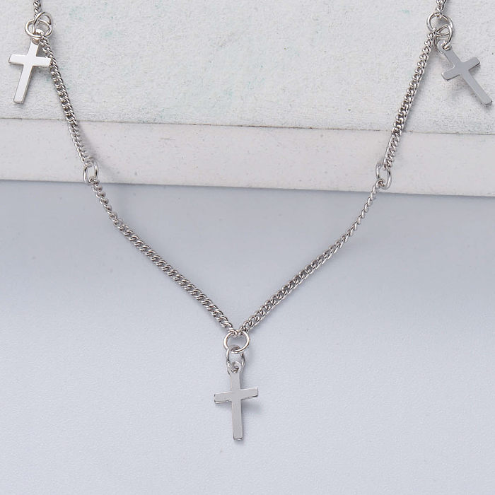 minimalist 925 silver with natural color triple cross pendant necklace