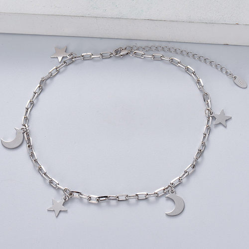 pulsera asimétrica moderna de plata 925 con luna y estrella