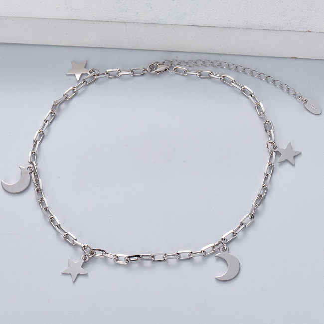 tendance asymétrique en argent 925 avec bracelet lune et étoile